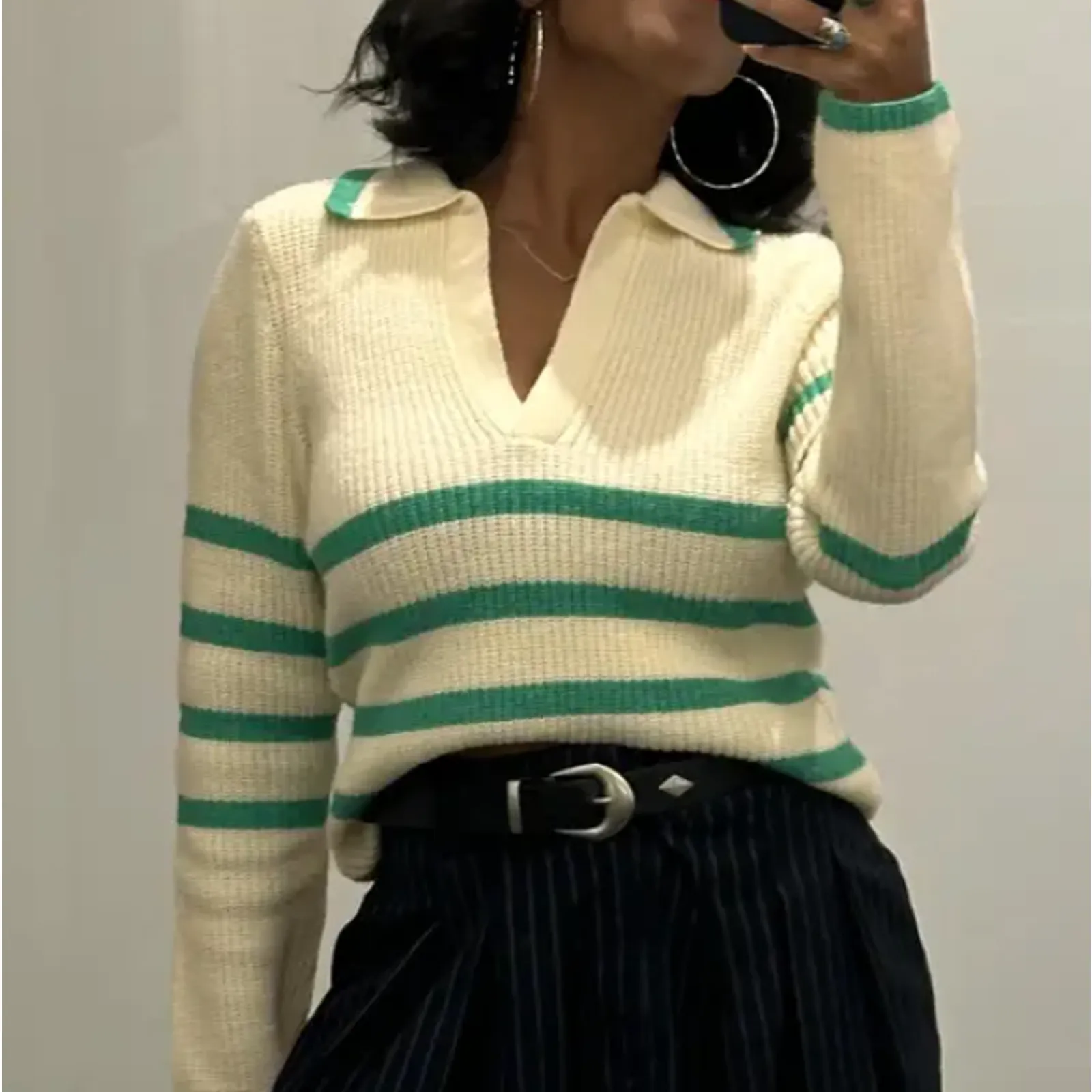 Central Park West Green Stripe Polo Sweater LARGE Rugby Preppy Designer $166 - Image 11