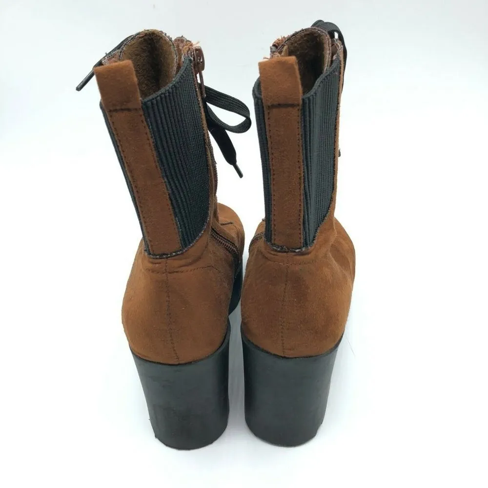 Rouge Womens Ankle Boots Chunky Block Heel Platform Faux Suede Laces Brown 6 - Image 3