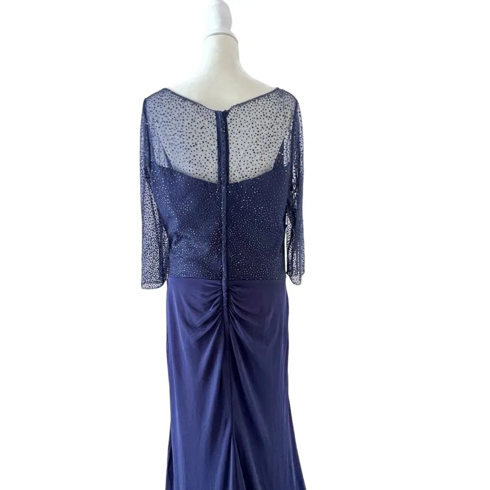 La Femme Beaded Lace Sleeve Pleated Ruched navy blue full length gown size 16 - Image 7