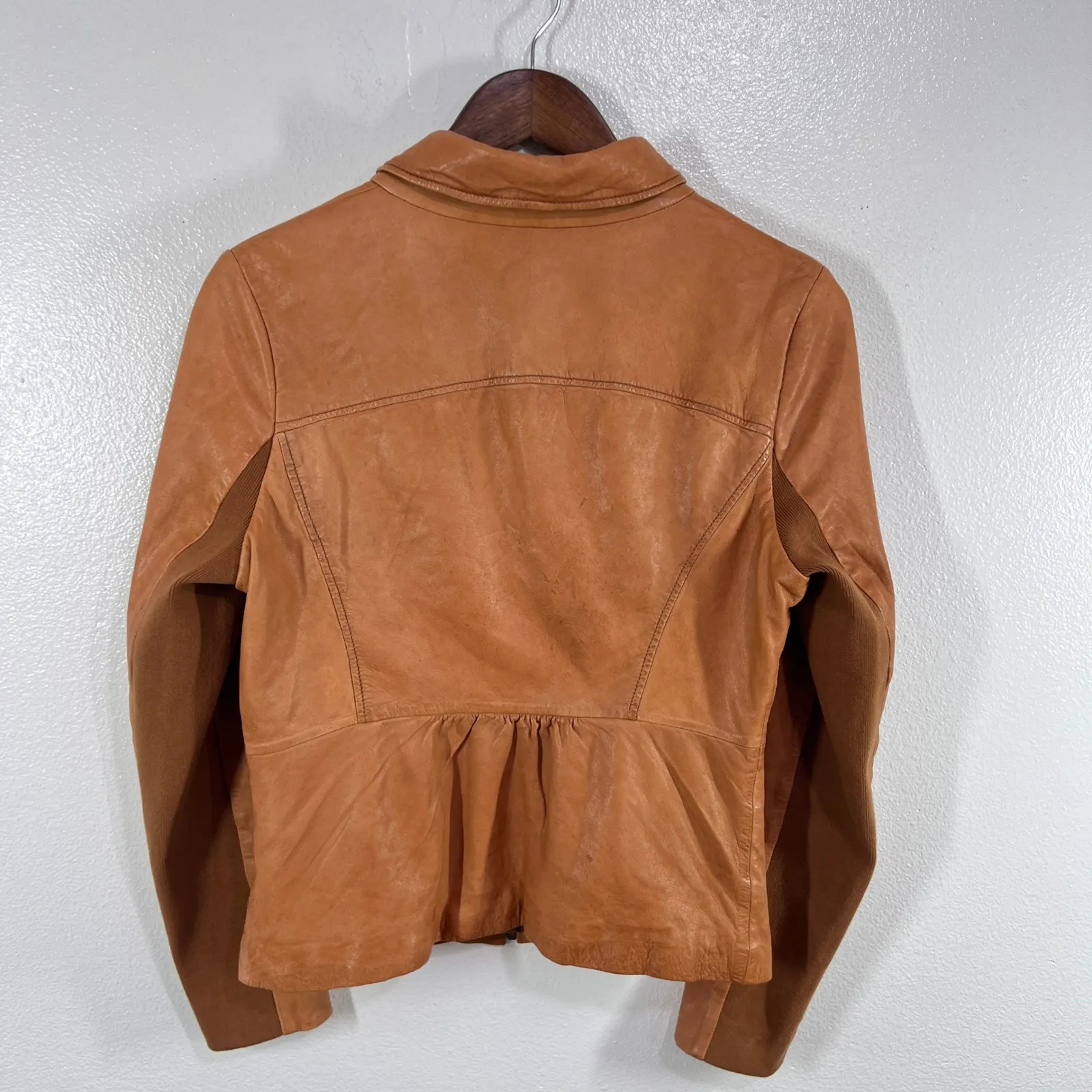 Hinge 100% Leather Jacket Womens‎ Small Tan Brown Zip Up Ruched Collar Peplum - Image 3