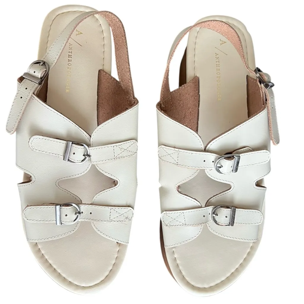 Anthropologie Women’s Buckle Tan Leather Open Toe Platform Sandals Wood Stack 41 - Image 3