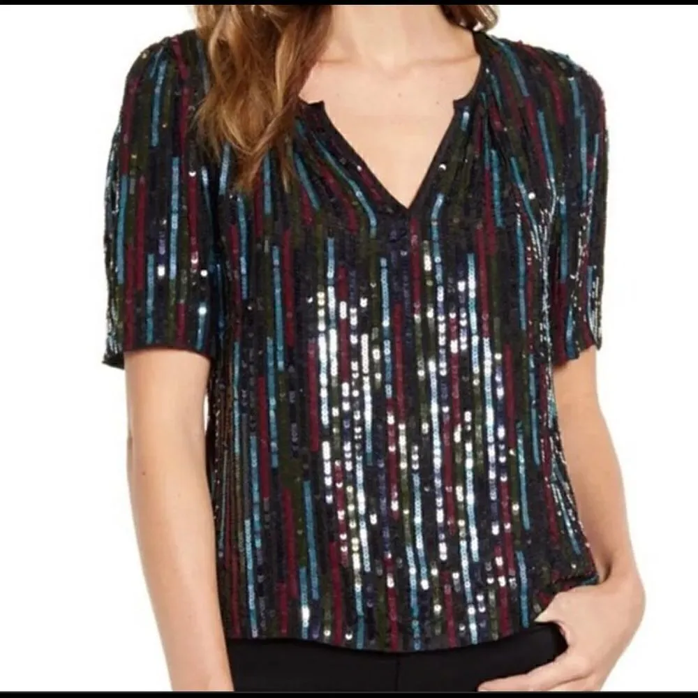 Velvet by Graham and Spencer Nikky Multicolor Sequin Short Sleeve Top small Black - Image 2