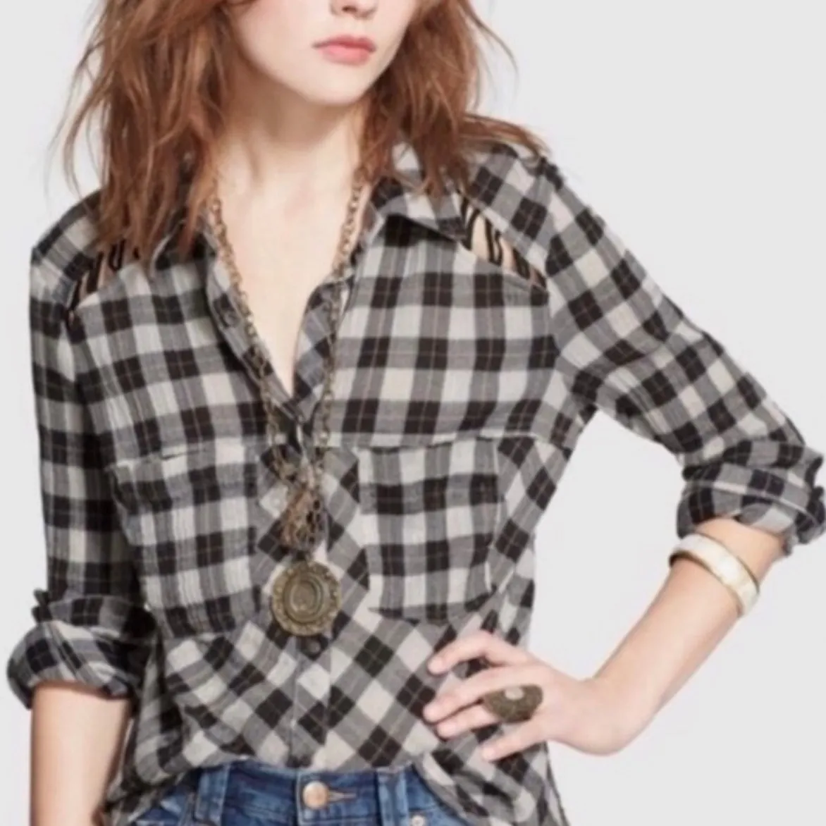 Free People Black White Plaid Lace-Up Cutout Snap Down Gauze Long Sleeve Shirt - Image 12