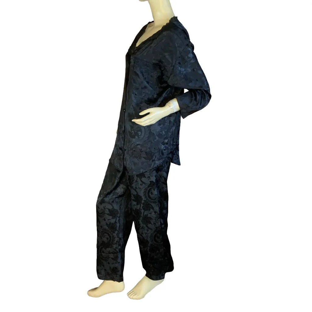 VINTAGE 1990'S ADONNA BLACK SATIN & LACE FLORAL PAJAMA SET (M) - Image 5