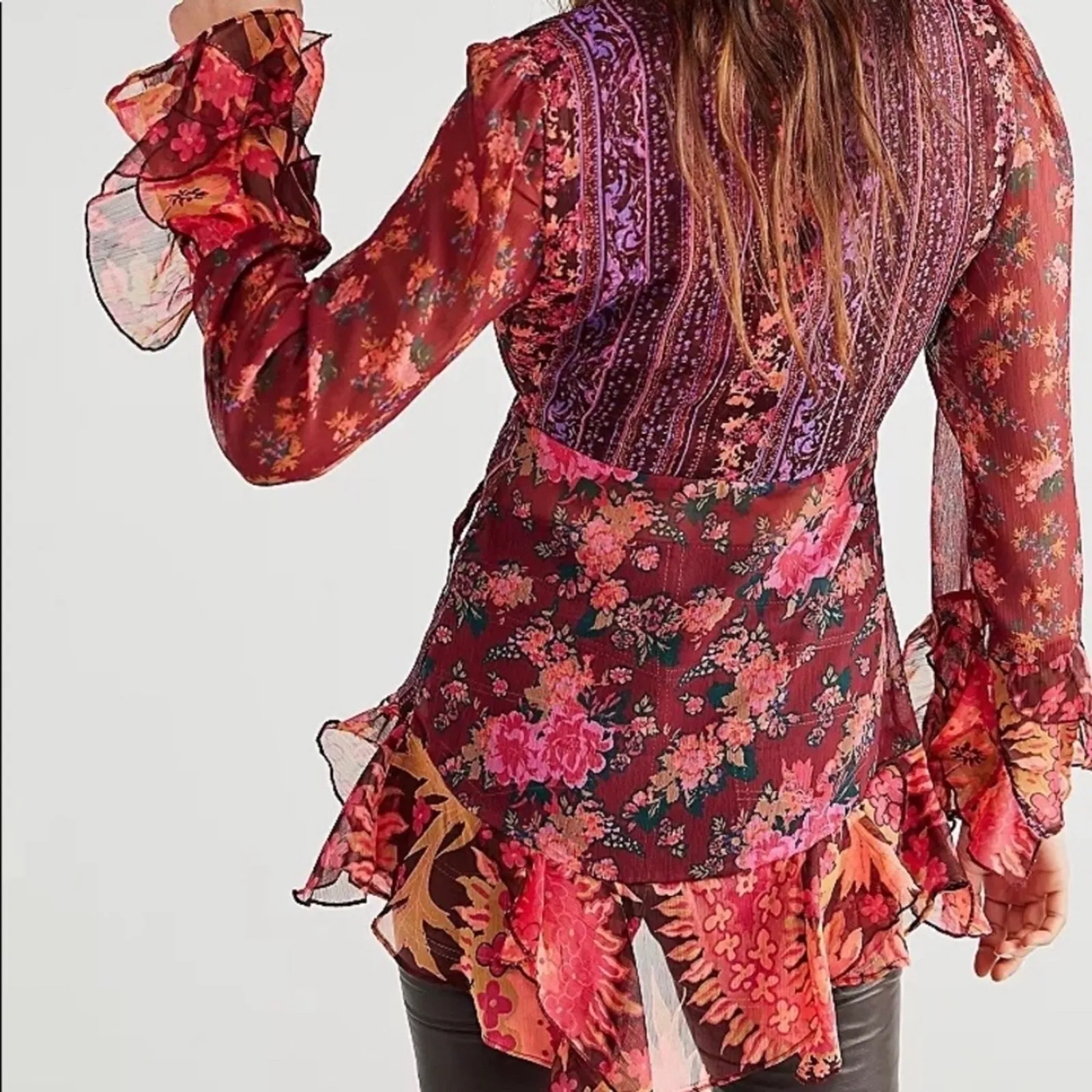 Free People Magic Hour Sheer Floral Wrap Tunic Top Red Pink Combo Size XS - Image 2