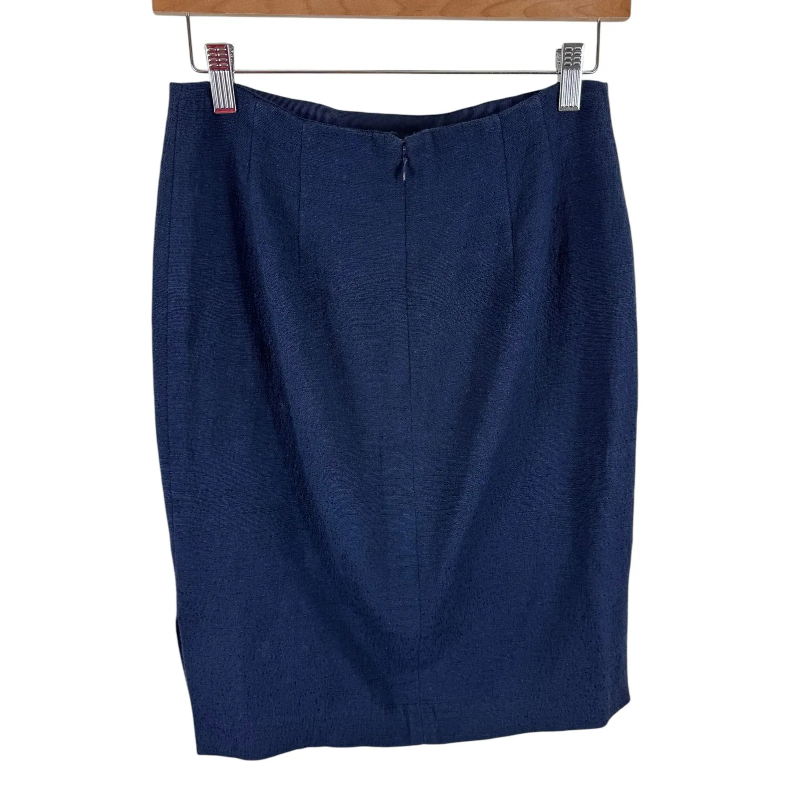 LOFT Navy Blue Tweed Lined Straight‎ Knee Length Skirt Cotton Slit Size 4 - Image 2