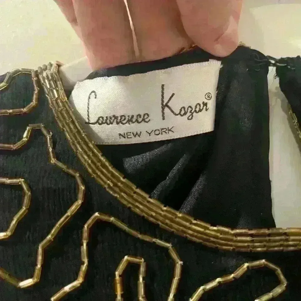Vintage 80s Laurence Kazar Beaded Silk Top Size Small Black Gold Stretch - Image 7