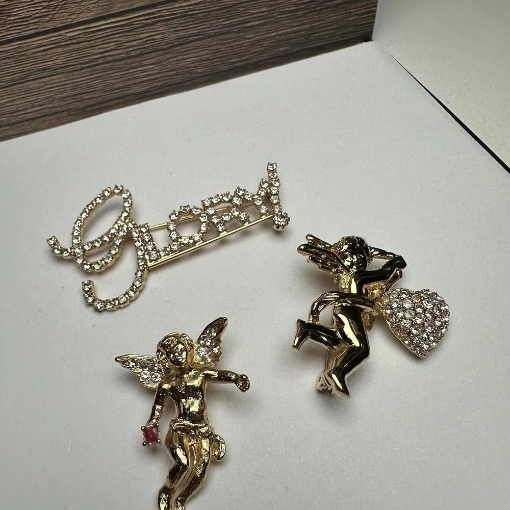 Cherub Angel Glory Rhinestone Brooch Pin Lot Of 3 Gold Tone - Image 10