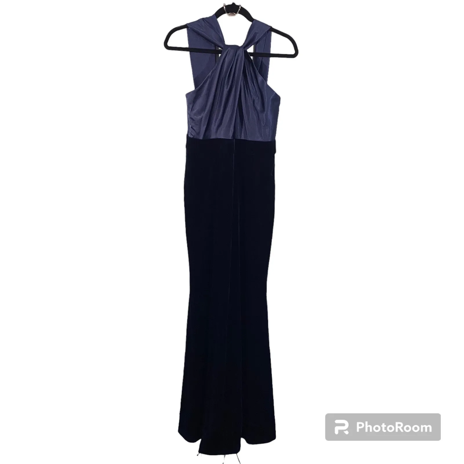 Eliza J Women's Navy Twist Neck Half Satin Half Velour Maxi Gown Dress Size 6 - Image 2