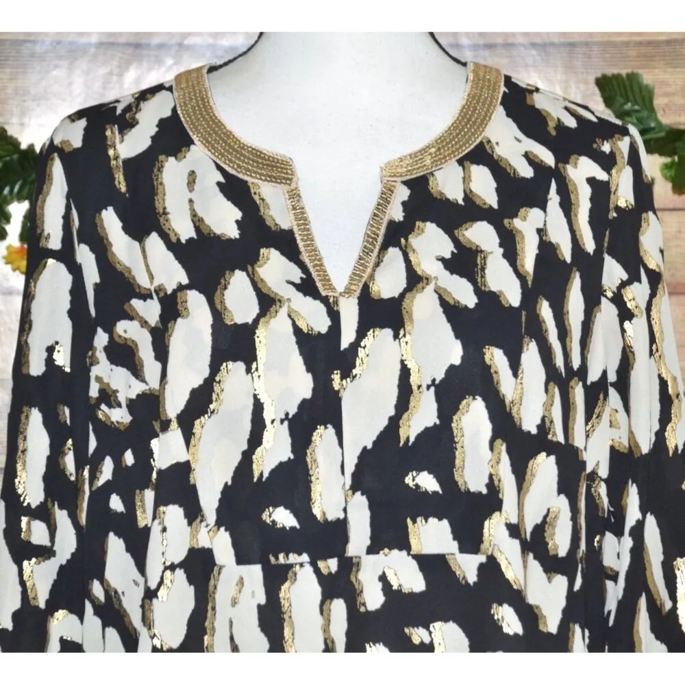 JM Collection Black Print Tunic 3/4 Sleeve V-Neck Blouse Size M Metallic Sequin - Image 2