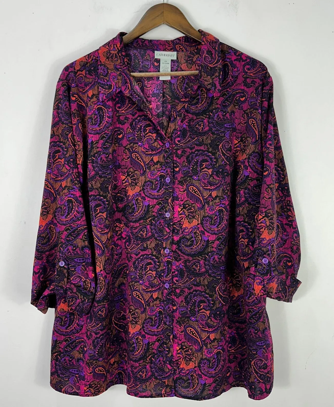 Catherines Purple Paisley Button Up Shirt Womens Plus 2X Boho Whimsigoth Indie - Image 1