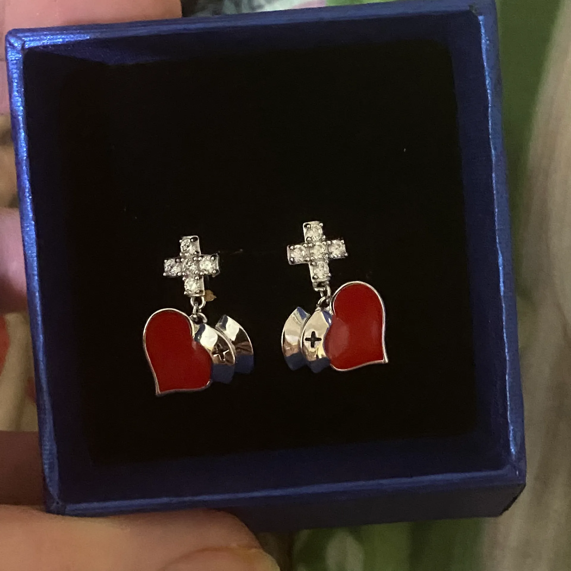 Nurse Cap CZ Cross Red Heart Sterling Silver Earrings - Image 5