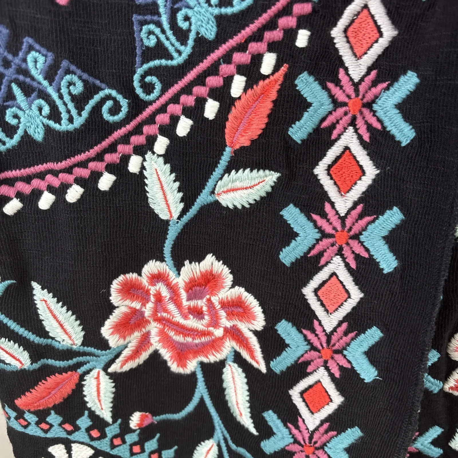 Caite Embroidered Cardigan Jacket Sz XS Black Floral Hooded Hand Made Duster - Image 2