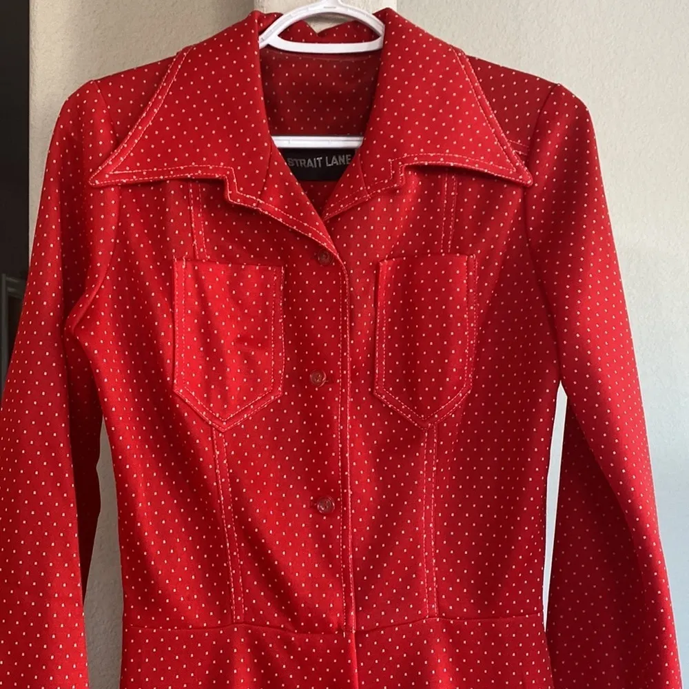 Vintage Straight Lane 70s red polka dot jumpsuit with belt perfect condition - Image 4