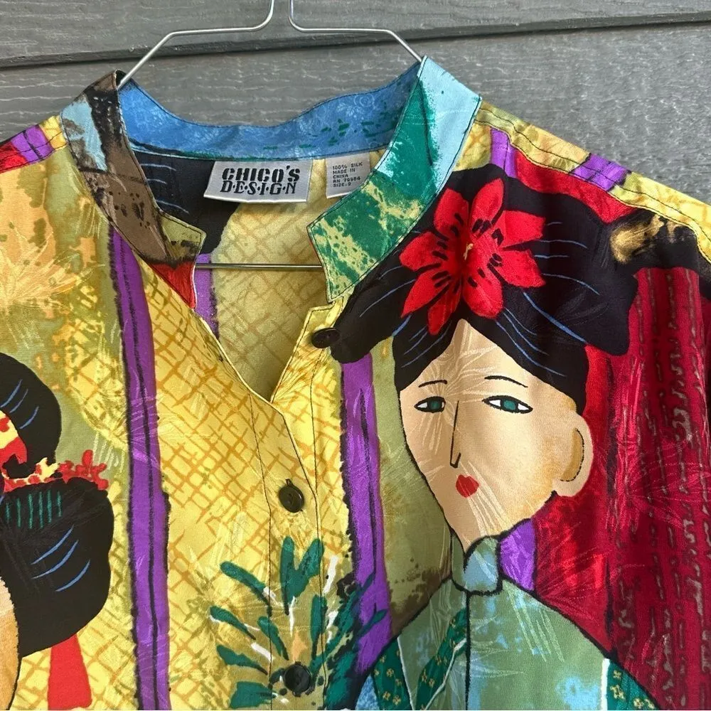 Chico's Design 2 Large Vintage Asian Japanese Colorful Silk Top Kimono-Clad Art - Image 3