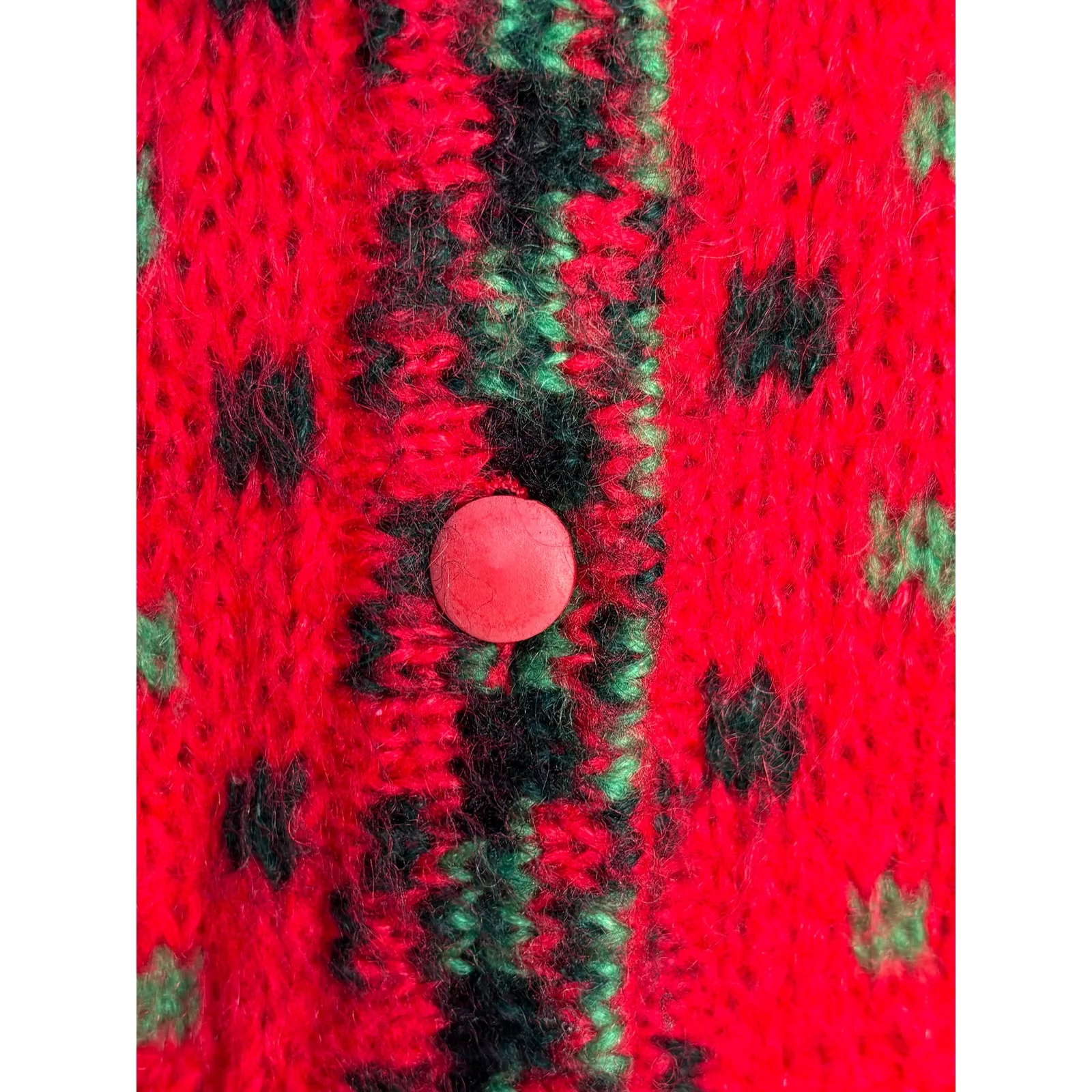 Vintage United Colors Of Benetton Red Green Abstract Polka Dot Wool Cardigan - Image 3