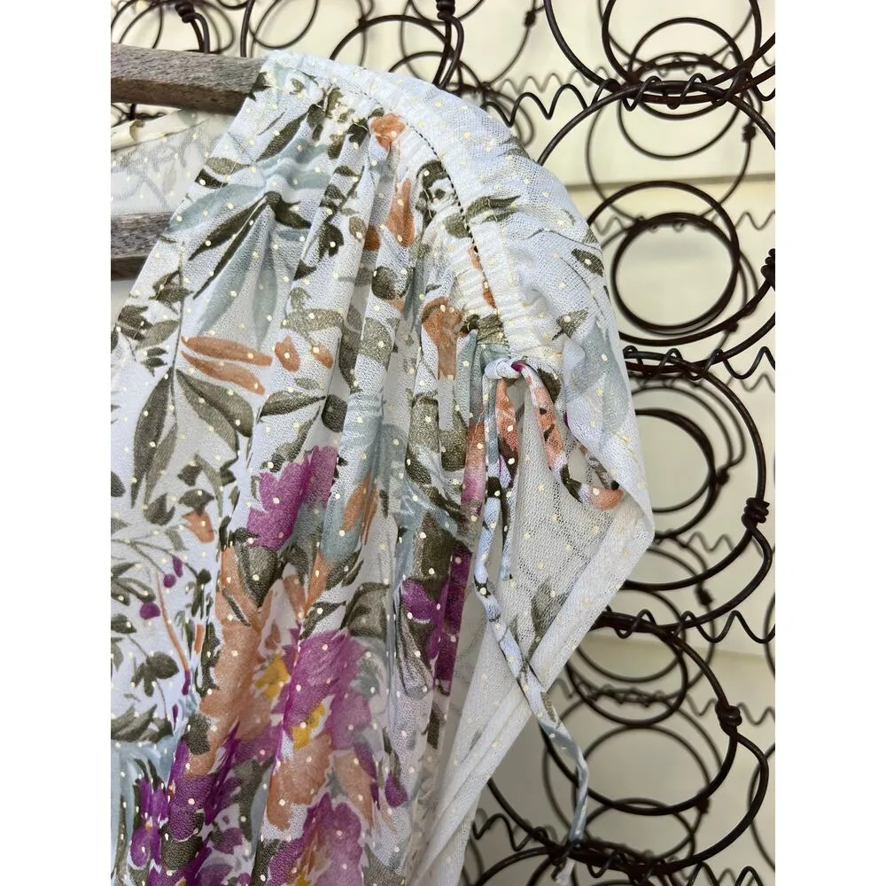 Vintage 80s Whimsy Sheer Floral Swiss Dot Wrap Front Dress White Size M - Image 4