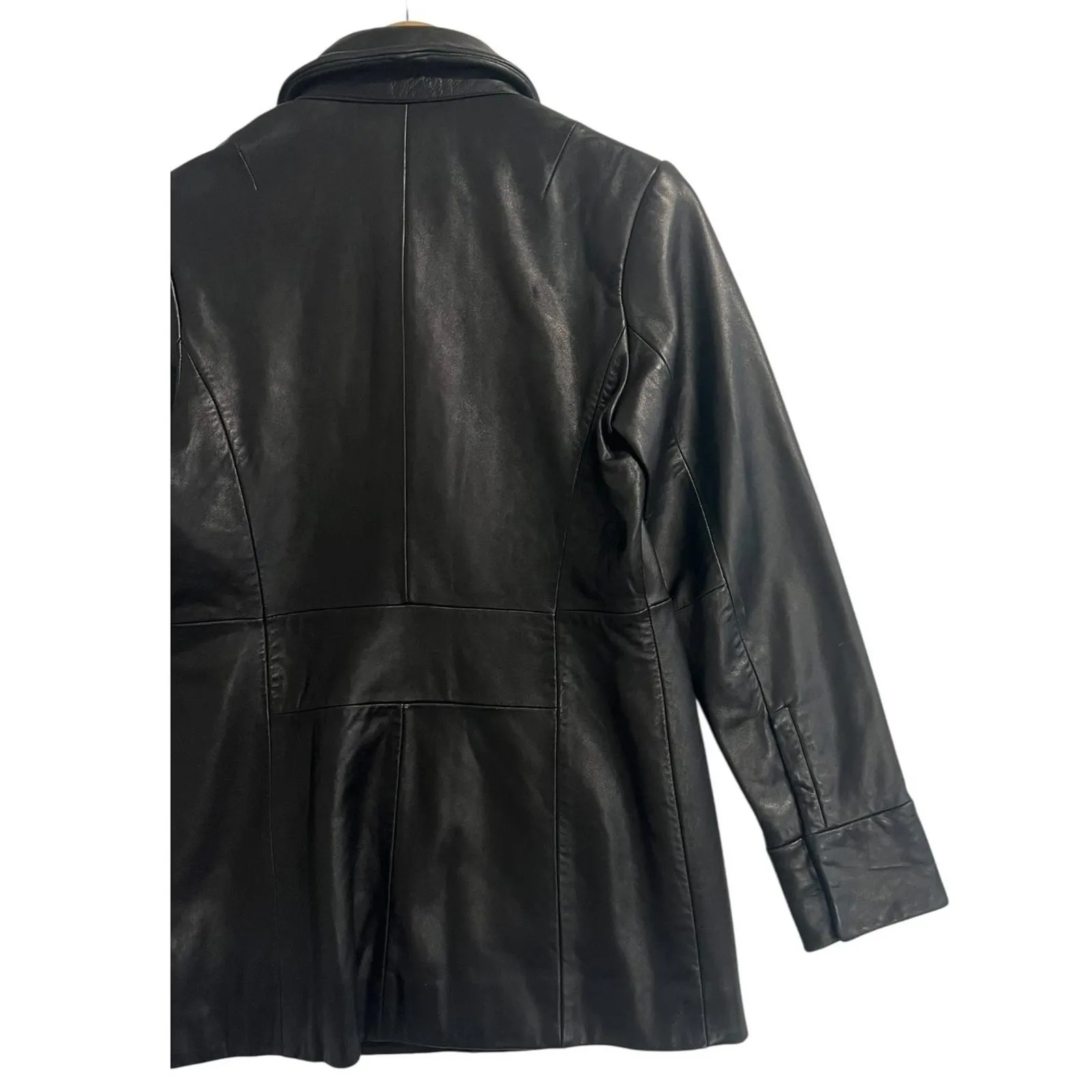 VTG Banana Republic Jacket Womens Medium Black Leather Butter Soft Moto Coat Y2K - Image 10