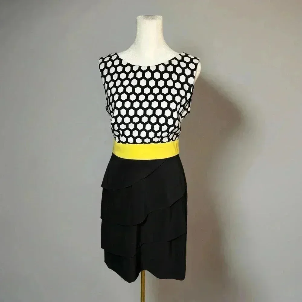 Connected Apparel Sleeveless Color Block Bodycon Dress Black White Yellow Sz 6 - Image 2