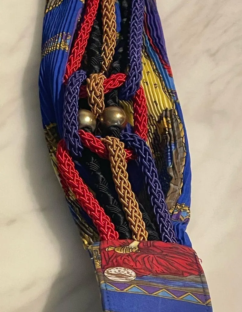 Vintage Multicolor Braided Waist Belt Ornate Gold Buckle Jester Print 80s 90s Blue - Image 5