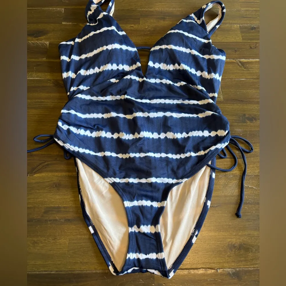 Plus Size Tie Dye Side Tie One Piece Deep V Ruching Flattering 1X Stripe Blue - Image 2