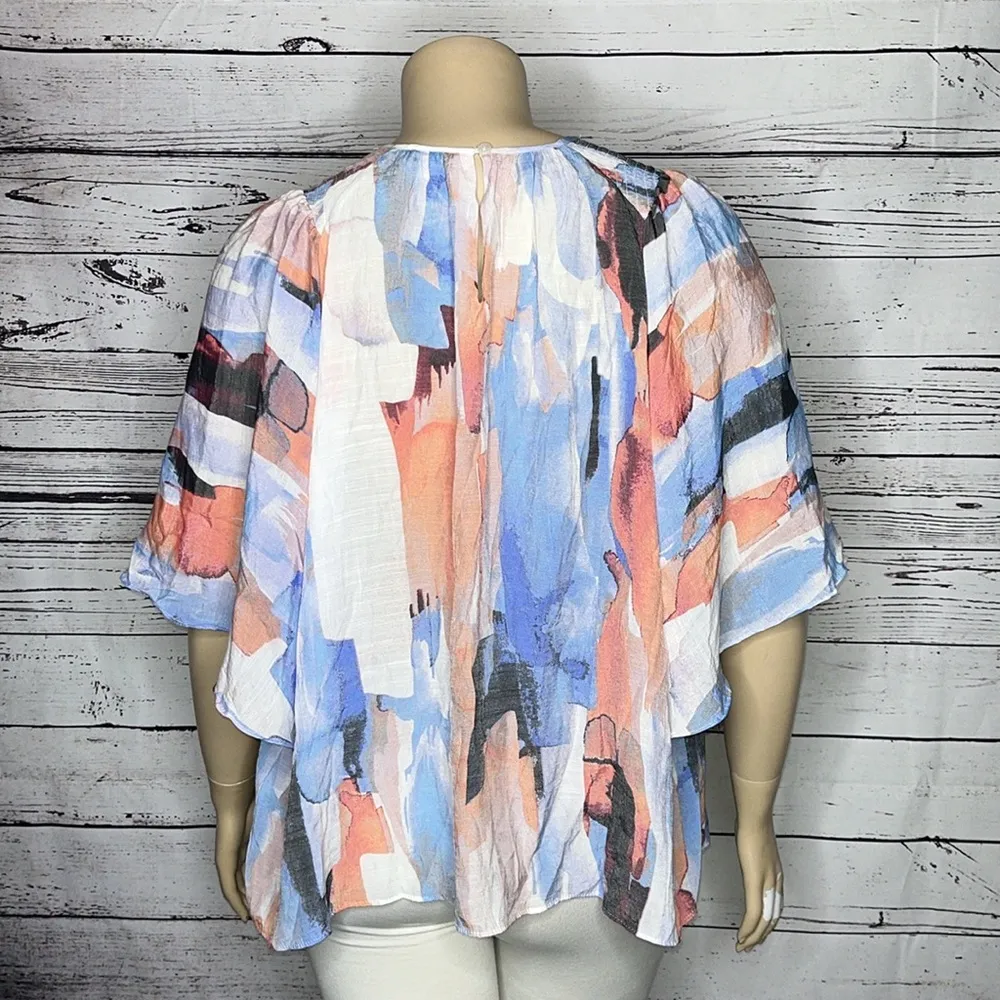 Zac & Rachel Woman Size 2X Watercolor Print Short Sleeve Keyhole Blouse Top Blue - Image 4