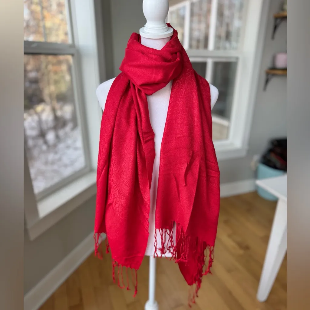 Cherry Red Pashmina Scarf Wrap Paisley Embossed - Image 7