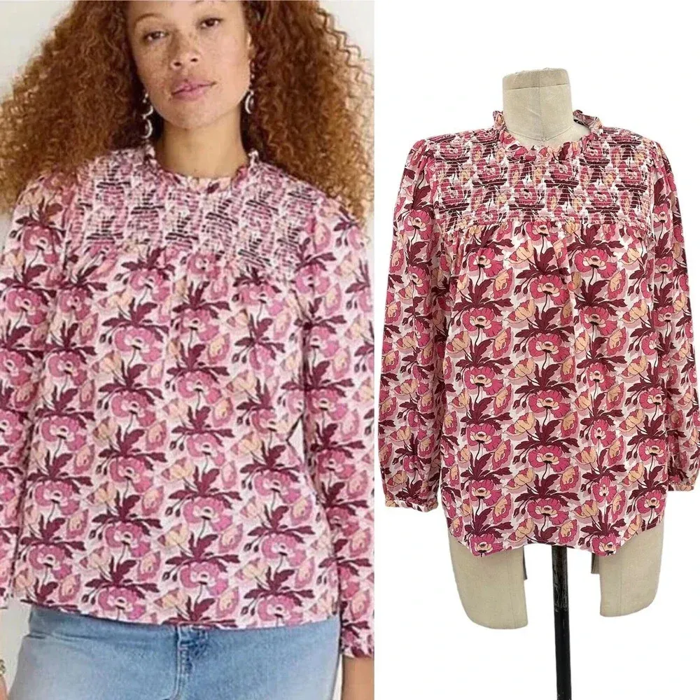 J. Crew Smocked Button-Back top Liberty Butterfield Poppy Organic Cotton‎ Small - Image 2