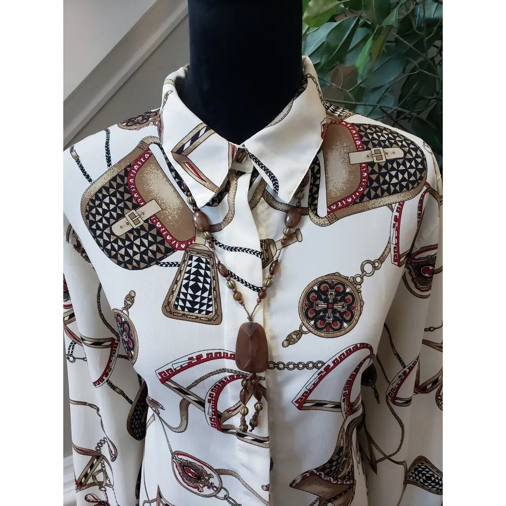 Alfred Dunner Button Down Shirt Women Size 18 Beige & Brown Long Sleeve Collared - Image 3