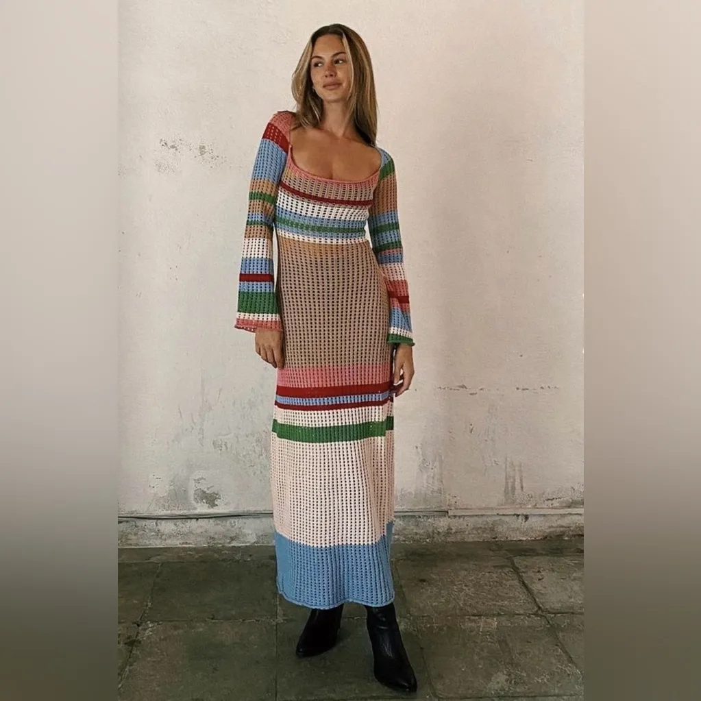 VRG GRL Verge Girl Work of Art Crochet Maxi Dress Multi size AU 8 US 4 Small Tan - Image 4