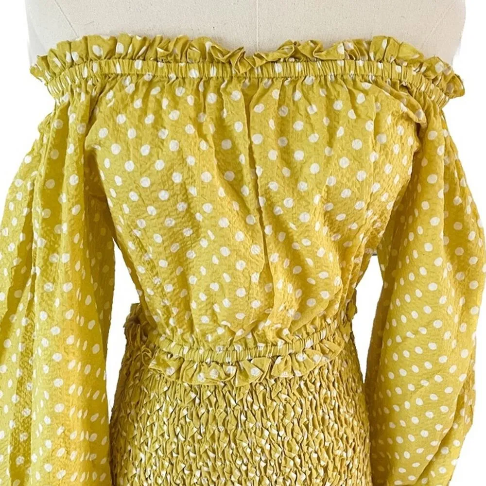 Alexis Marilena Smocked Polka Dot Off Shoulder Mini Dress yellow size large L - Image 5