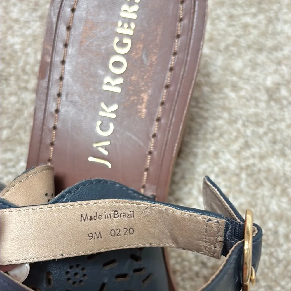 Jack Rogers “Ronnie” Navy Laser-Cut Leather Block Heel Sandals Size 9 Like New - Image 6