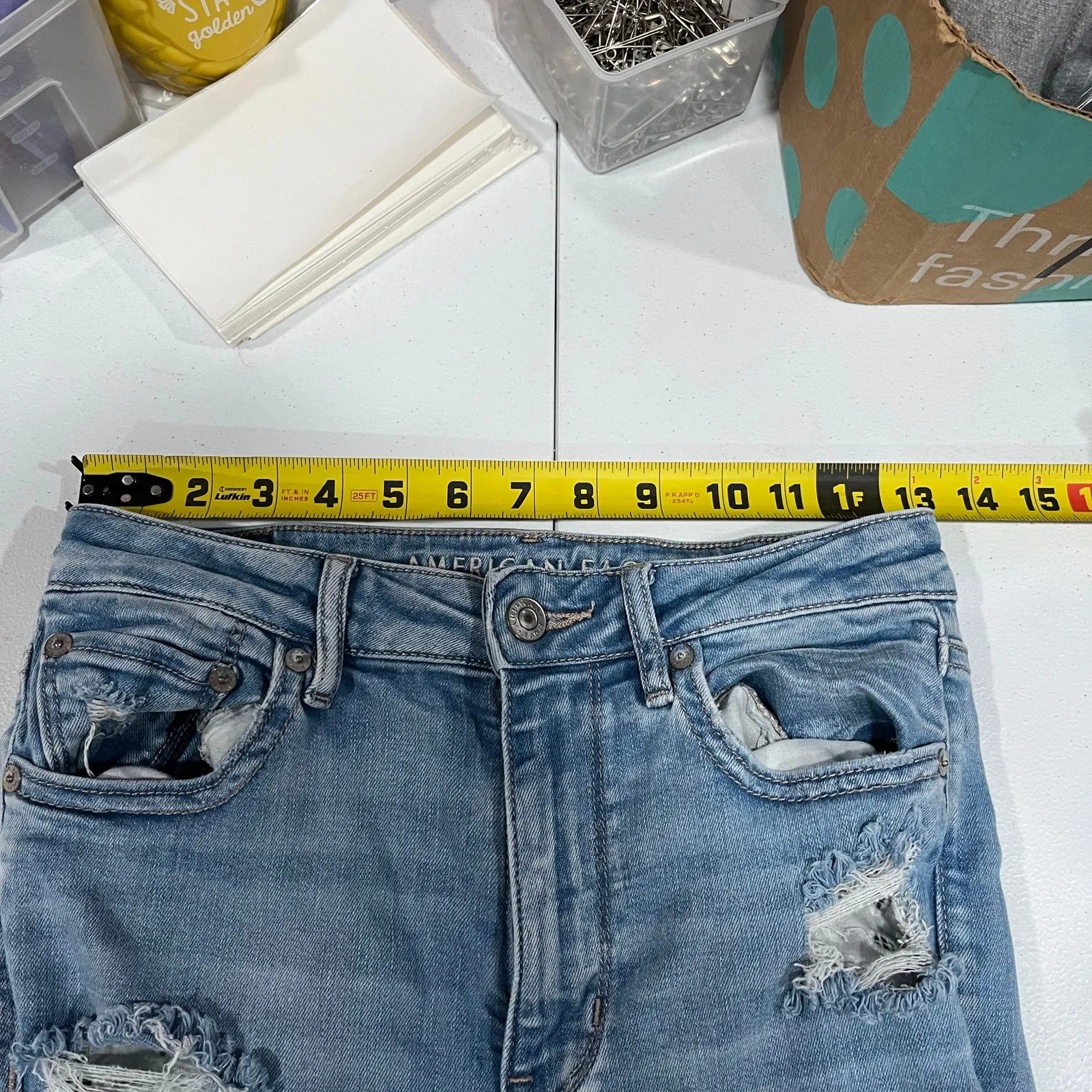 American Eagle Super Hi Rise Flare Peekaboo Lace Pocket Distressed Jeans Size 6 - Image 8