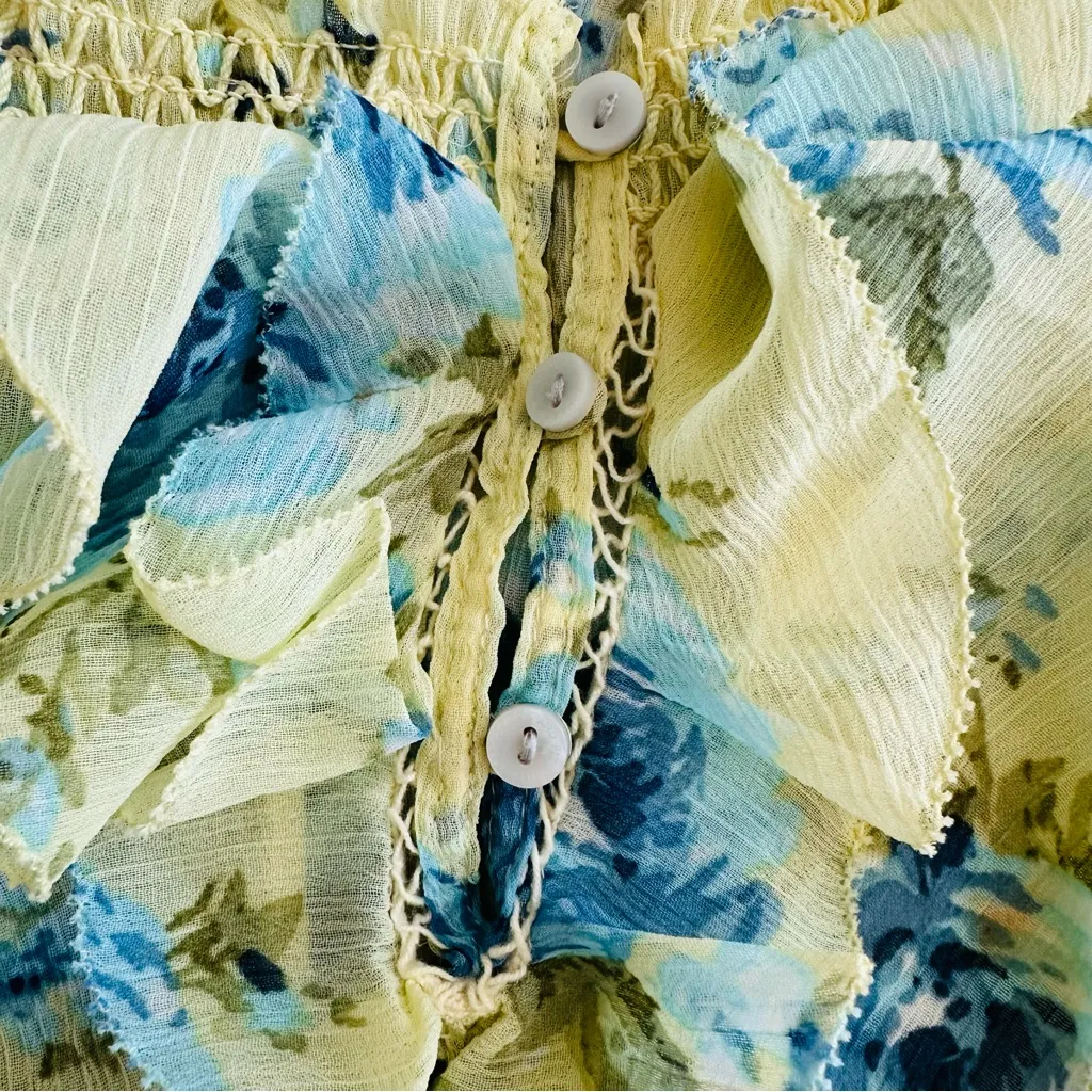 Abercrombie & Fitch Yellow Blue Floral Sheer Blouse Smocked Ruffle Top Size XS - Image 4