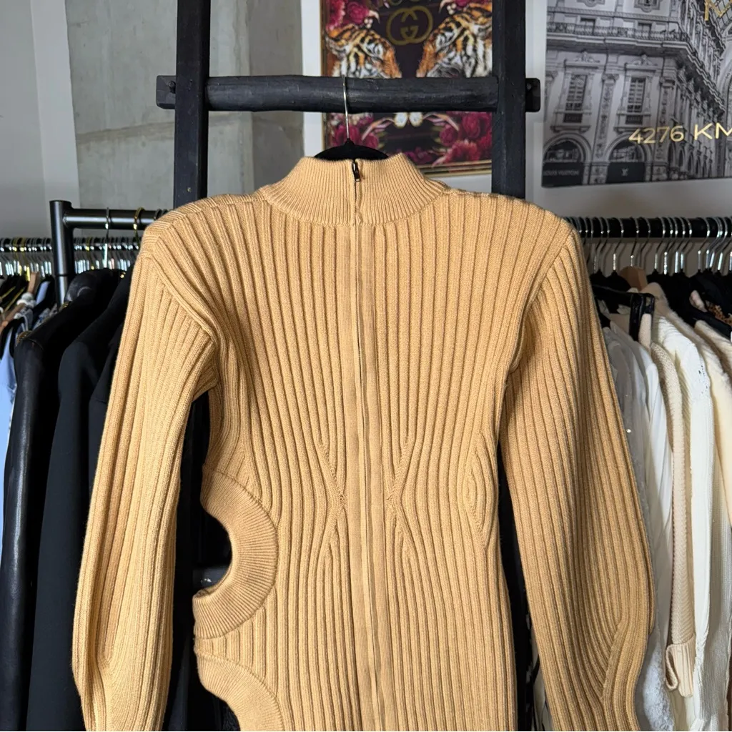David Koma Camel Side Cutout Ribbed Knit Mini Dress Tan Size M - Image 11