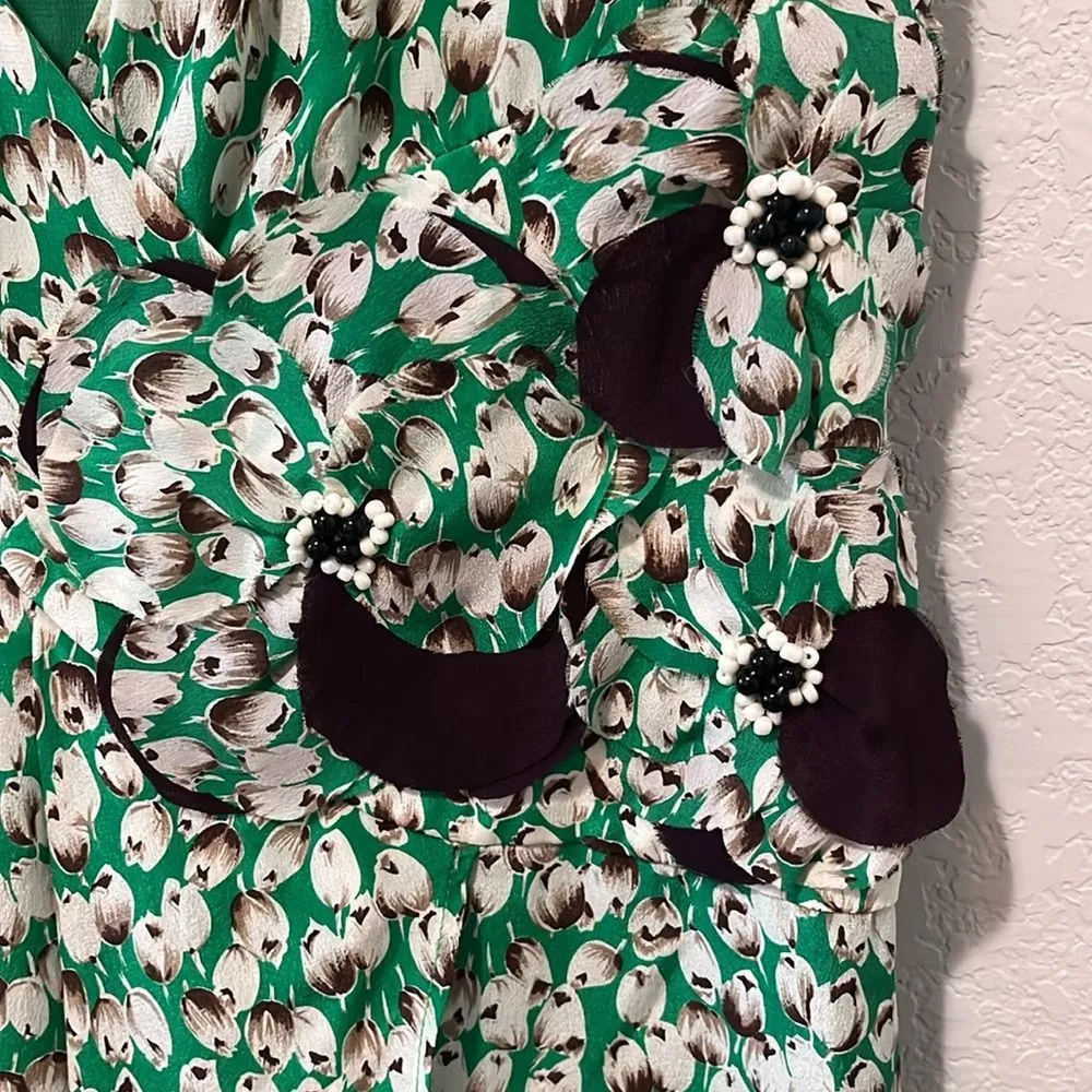 MOULINETTE SOEURS (Anthropologie) Silk Green/Brown Tulip Dress, Size 2 - Image 3
