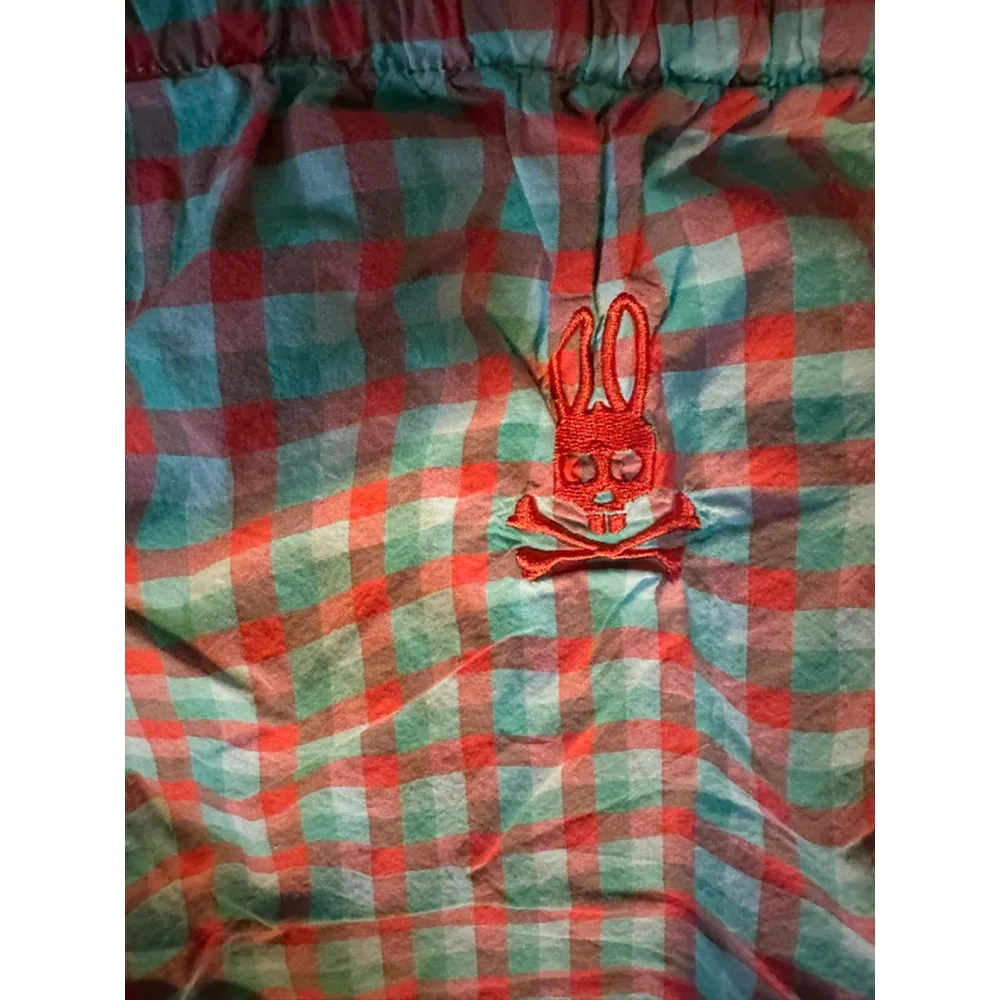 Psycho Bunny Pajama Pants Size M Teal and Orange Plaid Unisex - Image 7