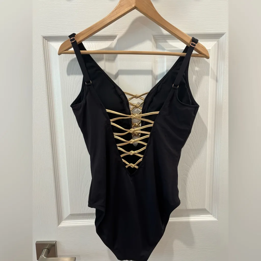 Bleu Rod Beattie Black One-Piece Swimsuit with Gold Accents size Medium - Image 3