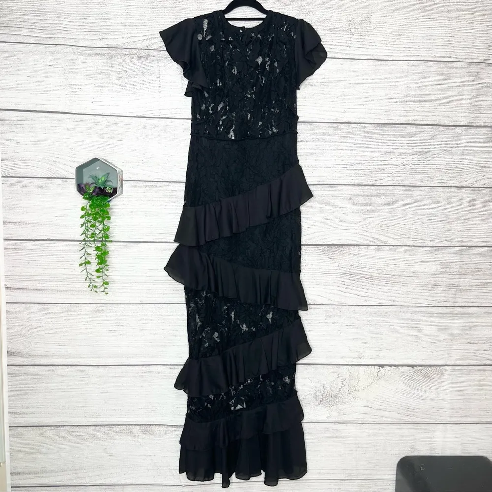 PrettyLittleThing Sheer Black Lace Ruffle Detail Formal Maxi Dress Size 6 - Image 7