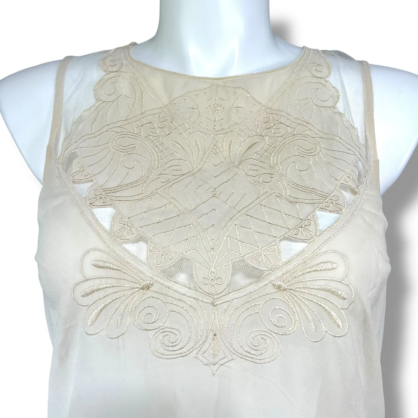 Kenar Womens Sheer Blouse Tank Top Embroidered Floral Design Button Down Beige - Image 2