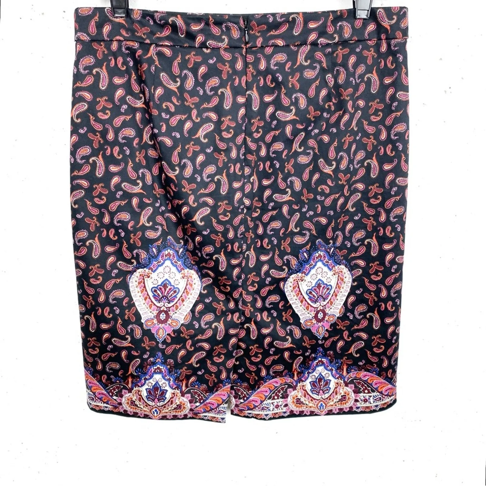 J.Crew Womens Pencil Skirt Paisley Black Pink Back Zip Stretchy Cotton Size 6 - Image 2