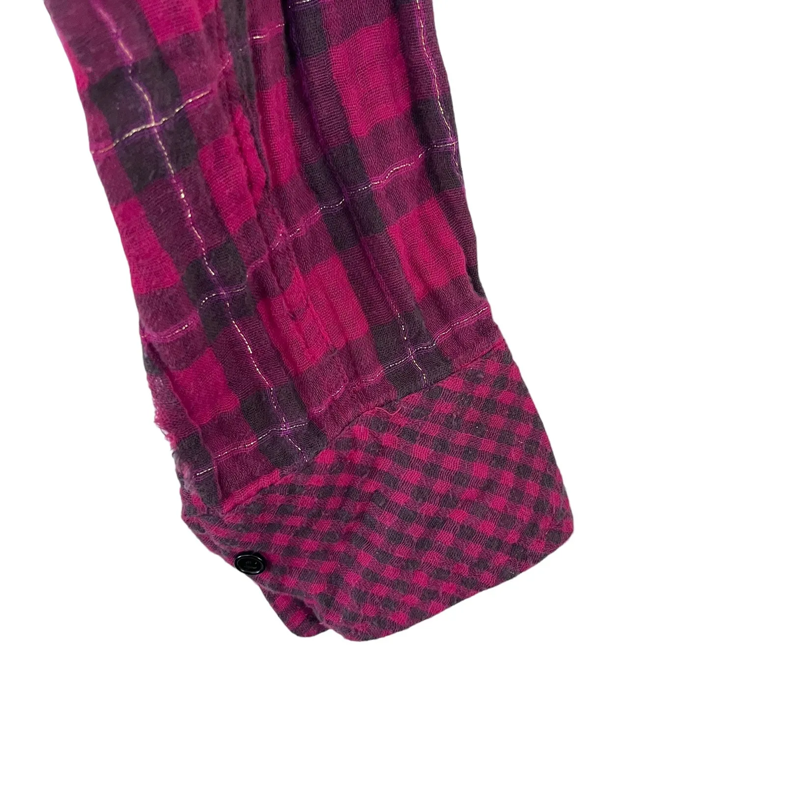 Etienne Marcel Greta Red Plaid Muslin Cotton Button Up Shirt Frayed Hem Small - Image 6