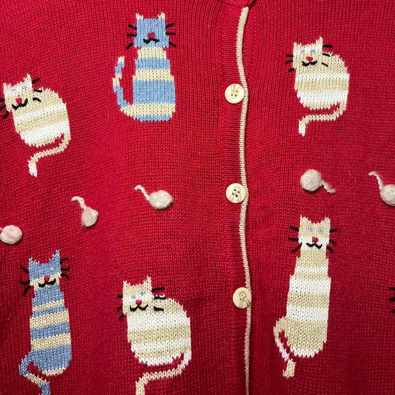 Knit Cats Sweater Button Up Short Sleeves ( Large ) Yarn Kitten Hand Embroidered - Image 8