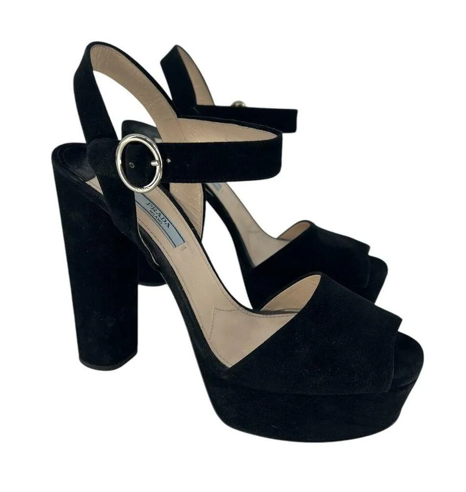 Prada Suede Platform Peep Toe Heels in Black - Image 5