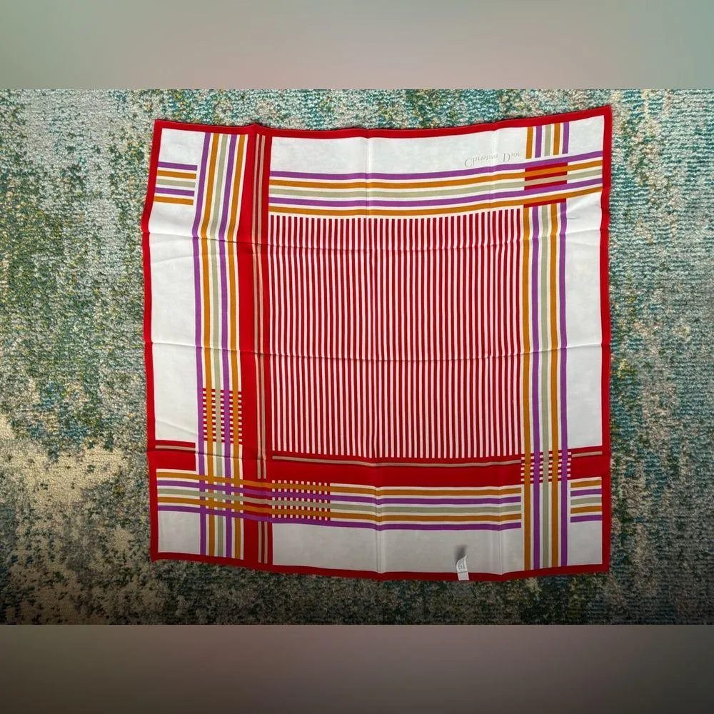 Vintage NOS Christian Dior medium red colorful striped silk square scarf - Image 8