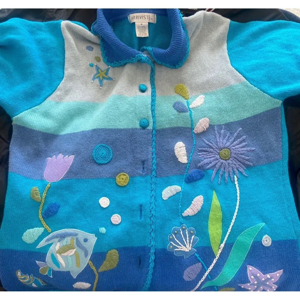 Ocean Nautical Fish Novelty Beach Blue Knit Sweater Sz Medium Vintage Grannycore - Image 6