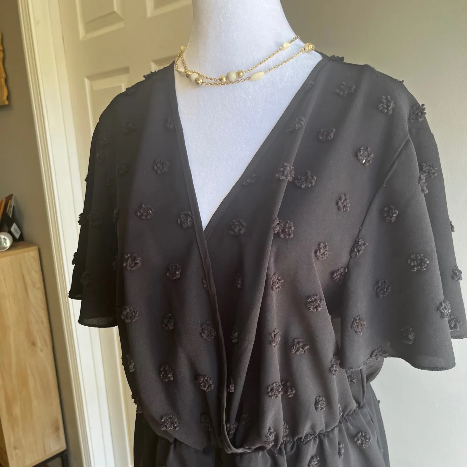 Black Pom Pom Romper V-Neck Short Sleeve Summer Casual Party Jumpsuit Size 1X - Image 4