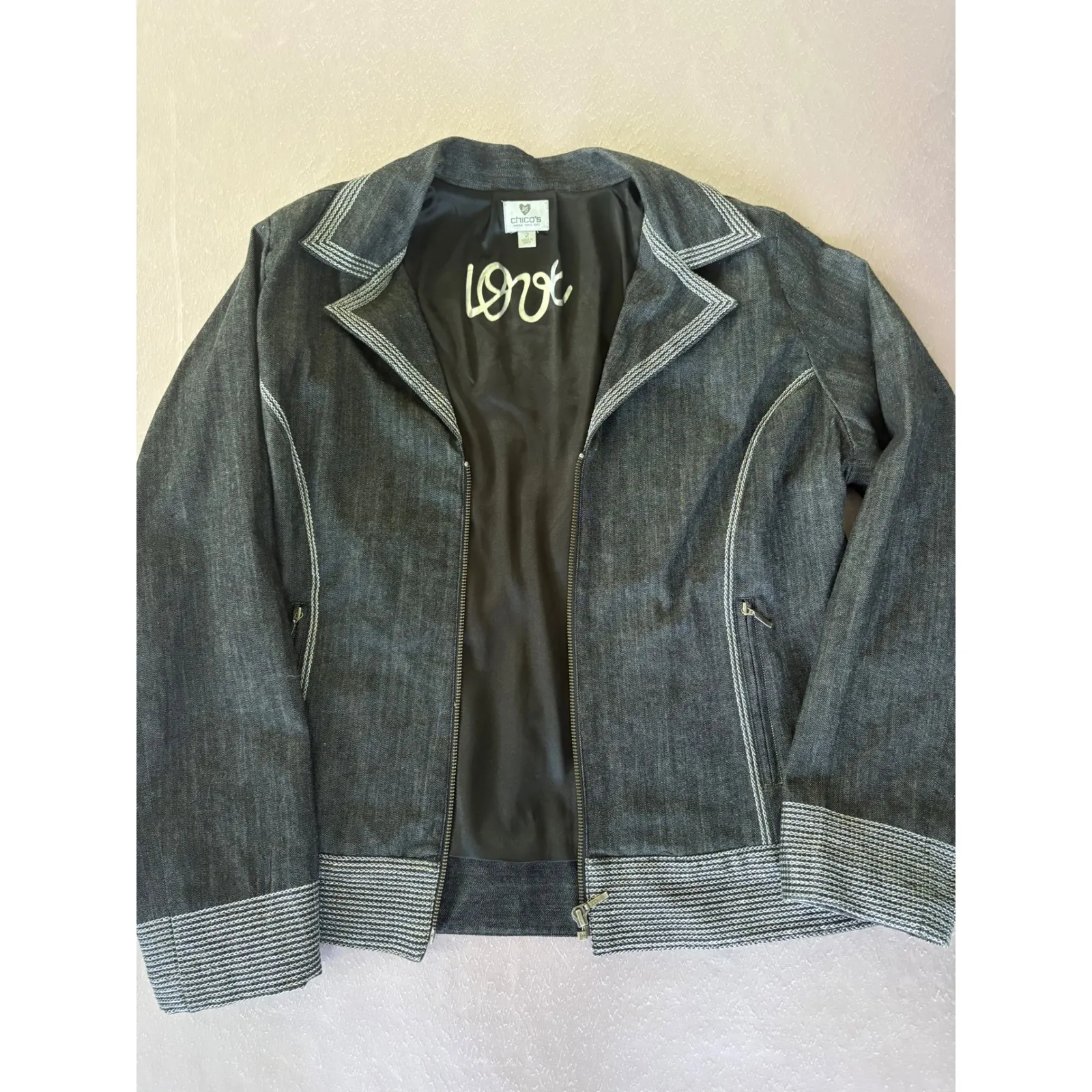 Chico's  Denim Jacket Embellished Heart Rhinestone Sequins Gray Size 2‎ - Image 2