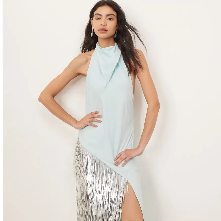 ARRANGE embellished shard panel halterneck maxi dress in light blue Size 8 - Image 3