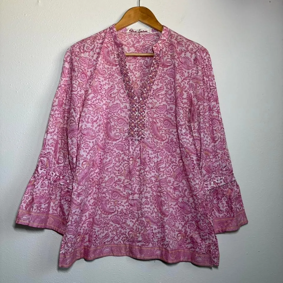 Robert Graham Women's Large Pink Paisley Beaded Tunic Top Boho V-Neck Artsy - Image 1